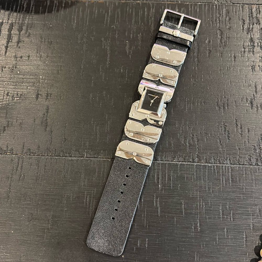 BCBGMaxazria Black Leather Stainless Steel Rocker Watch *needs battery